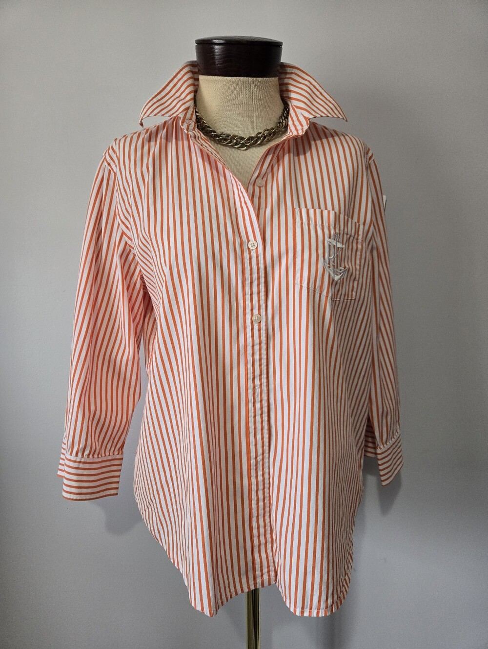 Ralph Lauren Orange and White Striped Button-Down Shirt With Anchor RLL Logo.